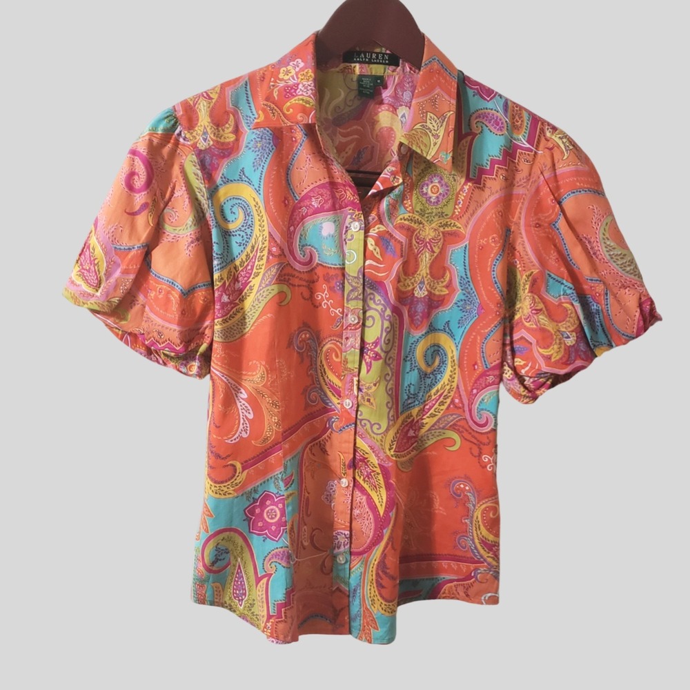 Lauren Ralph Lauren Womens Orange Paisley Cotton Puff Sleeve Blouse Multicolor M